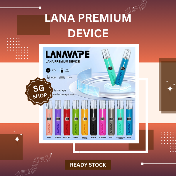 Lana Premium Device smart pod vape system in 10 different colors showing digital display screen.