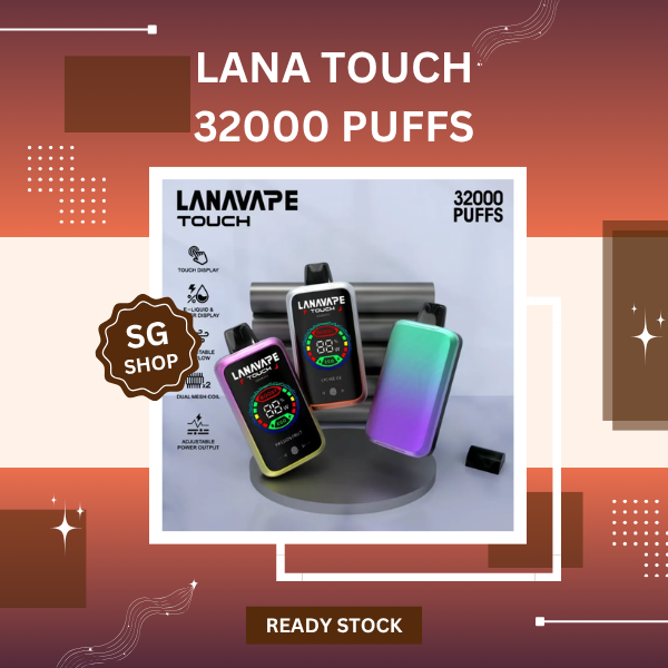 Lana Touch 32000 Puffs disposable vape with smart touch screen showing battery and e-juice indicators