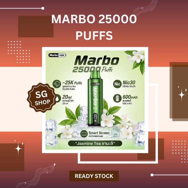 Marbo 25000 Puffs Disposable Vape with HD smart screen displaying battery and liquid levels