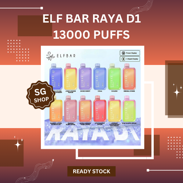 Elf Bar Raya D1 13000 Puffs disposable vape device showing the smart digital LED power and e-liquid screen indicator