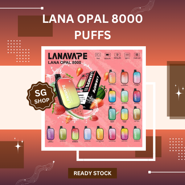 Lana Opal 8000 Puffs disposable vape device with crystal gradient design and smart LED display screen showing flavor profile