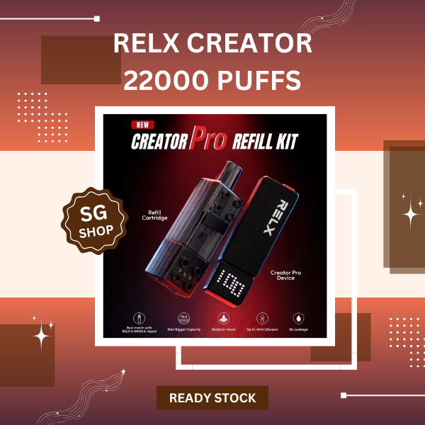 Relx Creator 22000 Puffs Pod Cartridge showing flavor label and e-liquid window