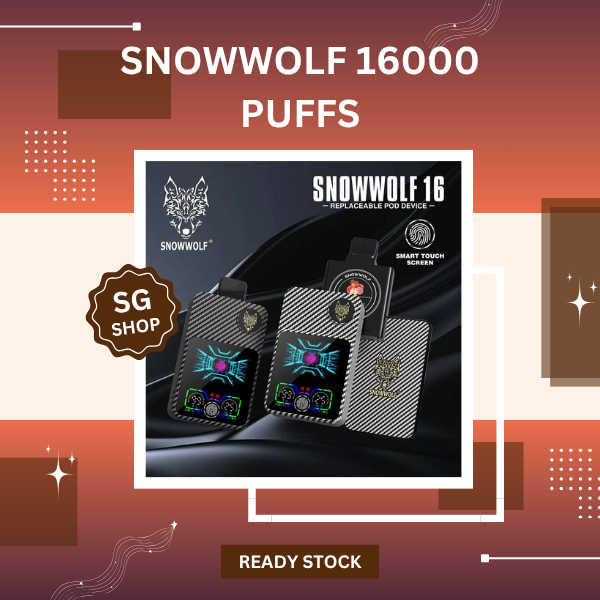 Snowwolf 16000 Puffs disposable vape pod system showcasing its 800mAh battery spec, Type-C port, 1.0ohm mesh coil, and dynamic smart touch screen.